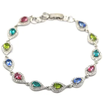 

16x8mm Multi Color Created Tourmaline Peridot Tanzanite White CZ For Ladies Present Silver Bracelet 8-9.0inch