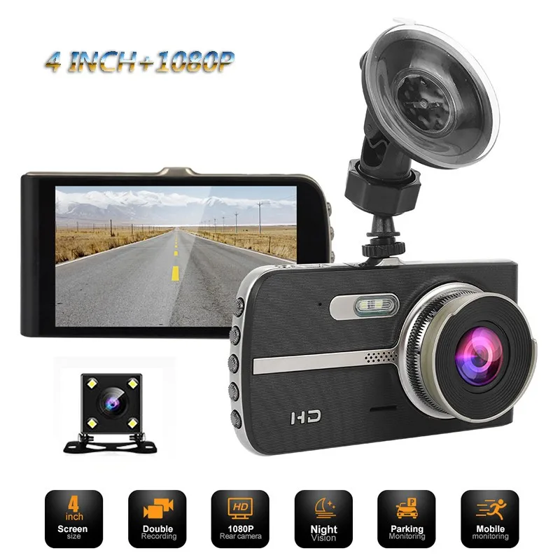 4" Dual Lens Car DVR Dash Camera Rear View 1080P Full HD Loop Recording Night Vision G sensor