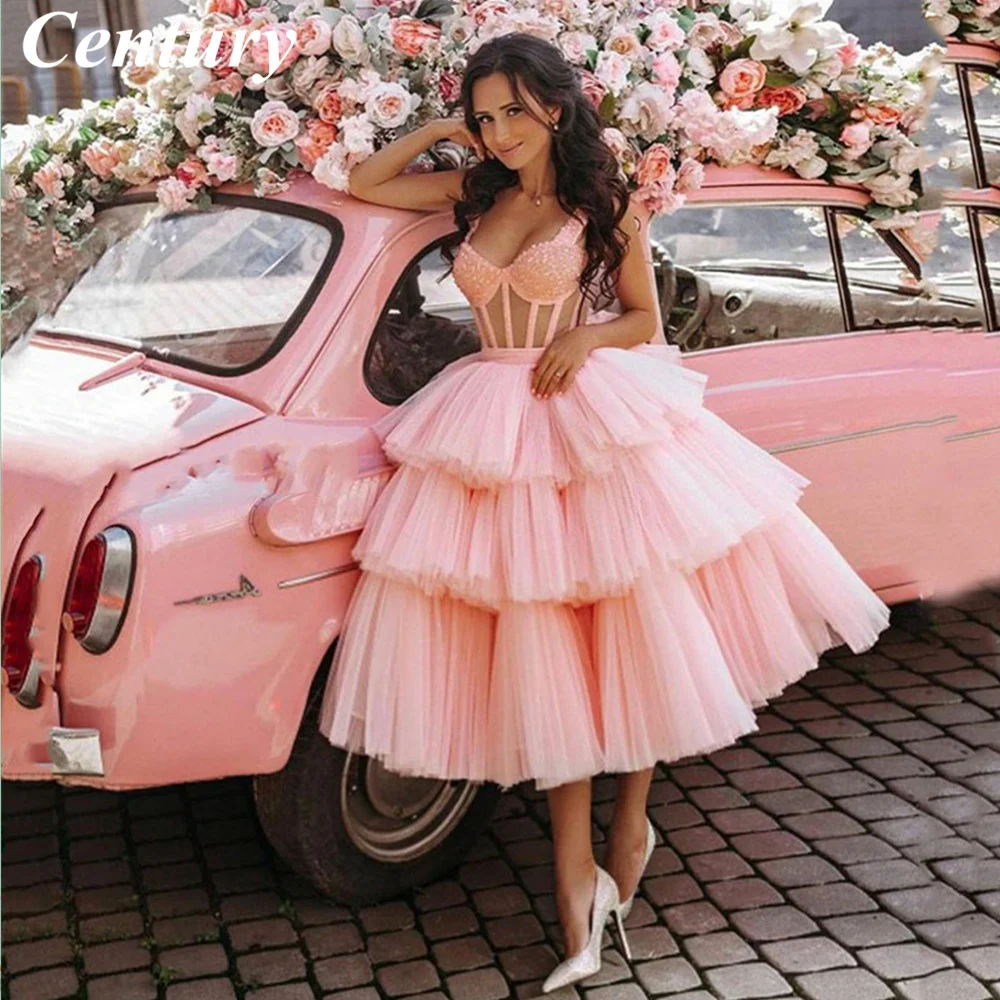 Pink Evening Party Dresses V Neck Tulle Prom Dress Tiered Skirt A Line