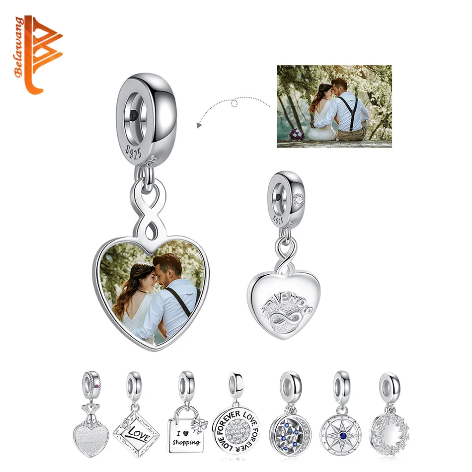

Custom Photo Heart Beads 925 Sterling Silver Infinity Friendship Pendant Charms Fit Original Bracelet Women DIY Jewelry Making