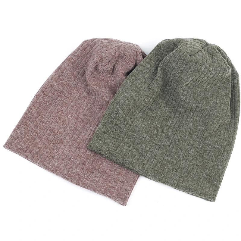Women Plain Cotton Ribbed Beanies Hat Autumn Winter Warmer Knitted Hats Ladies Stretch Slouchy Striped Baggy Skullies Cap 2