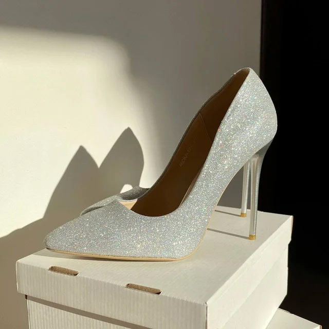 Women's shiny high-heeled pumps stiletto heel silver Black Pink wedding shoes Silver (heel 12 cm)