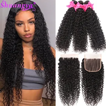 

Shuangya hair Brazilian Curly Hair Bundles With Closure 100% Remy 3 Bundles With Closure Kinky Curly Bundles With Lace Closure