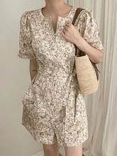 

Women Casual Floral Print Mini Rompers Jumpsuits Female Puff Short Sleeve Pockets Overalls Jumpsuits