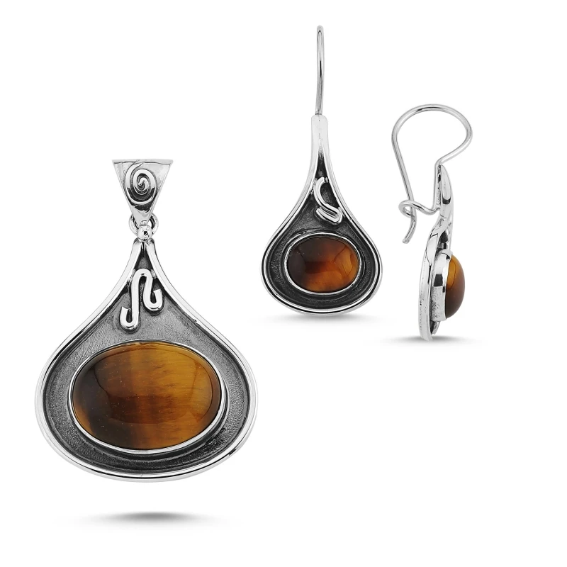 

Silver 925 Sterling Tiger Eye Stone Hand Job Set