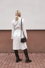 Dress Women Pleated-Belt Patchwork-Bottom Simplee Long-Sleeve Midi Notched Vintage Autumn