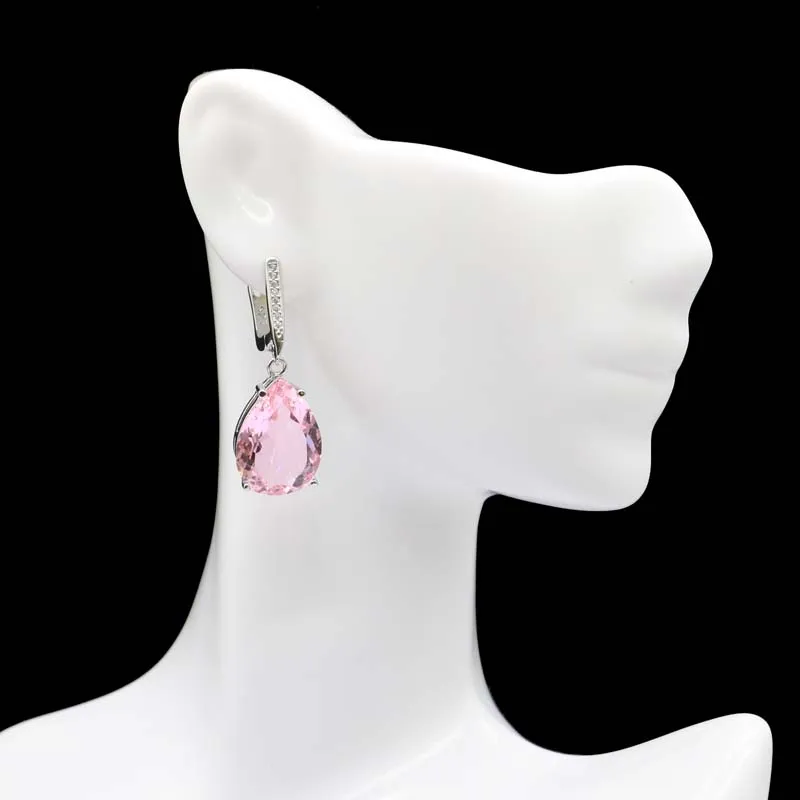Pendant Necklace 27x13mm SheCrown Jewelry Set Drop 18x13mm Pink Kunzite Gift For Girls Silver Pendant Earrings