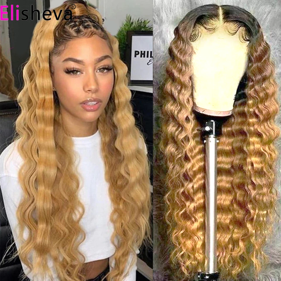 Ombre Deep Wave Frontal Human Hair Wigs For Women Brazilian HD Lace Front Wig Color Pre Plucked Highlight Blonde | Шиньоны и парики