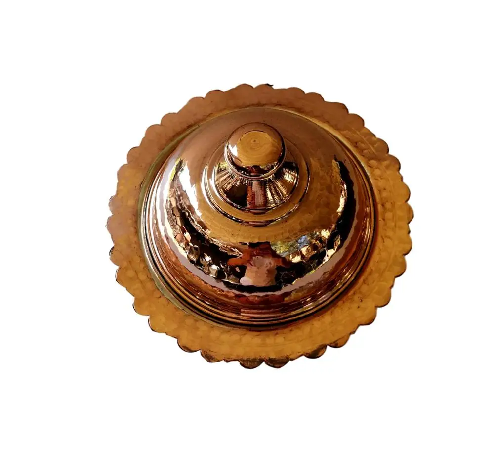 

Handcrafted Copper Round Service Pot Dish With Lid Large Size Copper Colour