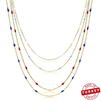 

925 Silver Sterling Colorful Enamel Chain Red, Blue, White Color Necklace Handmade In Turkey