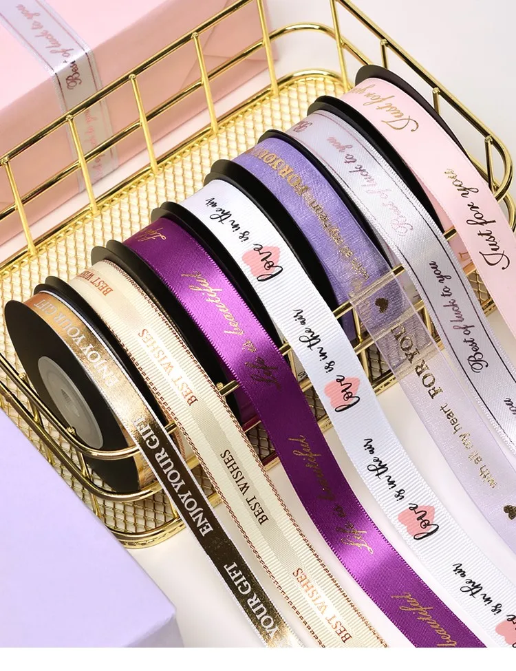 Business Branded Ribbon Green Pink Color Printing Gold 3D Model Logo Customized Brand Logo Variety Design paper bag handle