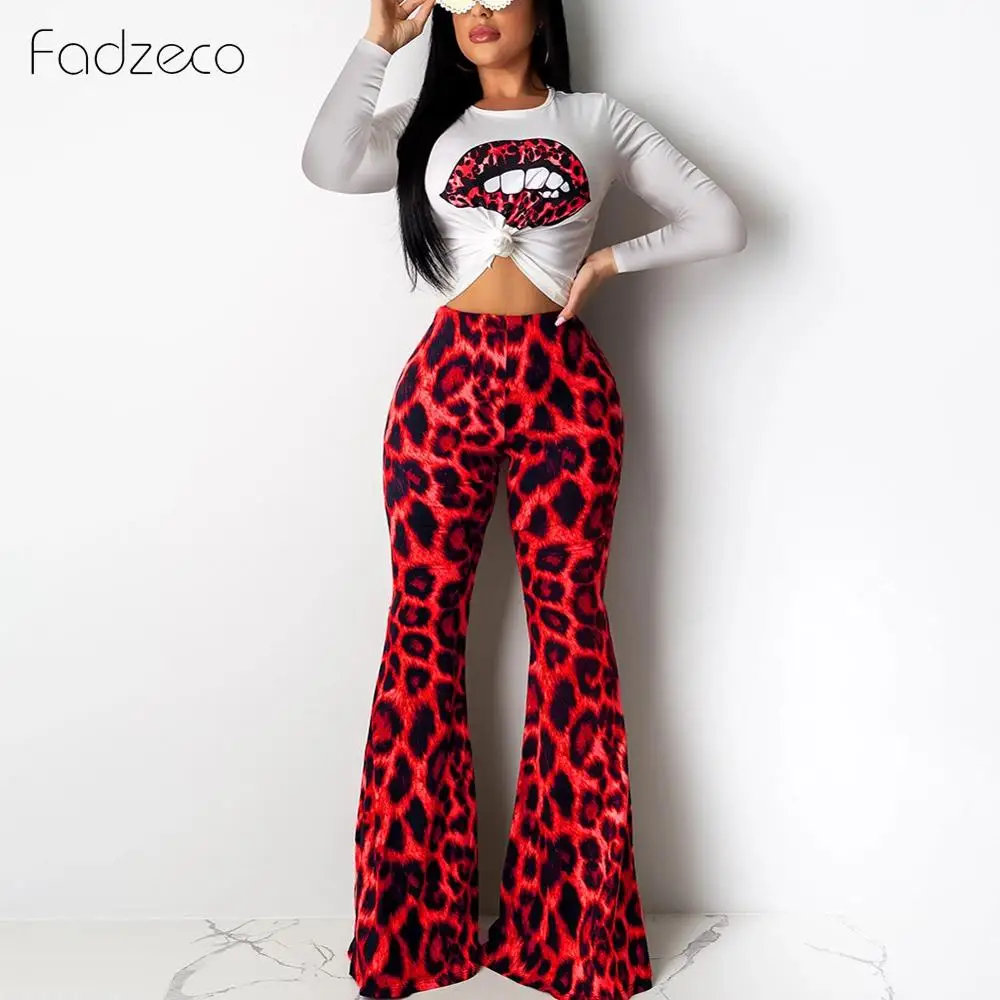 Fadzeco новая модная одежда с леопардовым принтом осенние африканские комплекты Дашики для женщин с длинным рукавом Круглый Вырез Топ расклешенные брюки - Цвет: Red