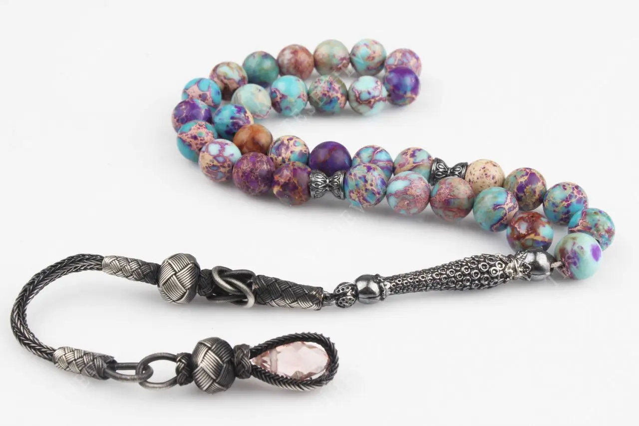 

Multicolor Natura Variscite Stone 1000 Kazaz Silver Tassel 33 Bead Prayer Tasbih Rosary Men Women Meditation Jewelry From Turkey