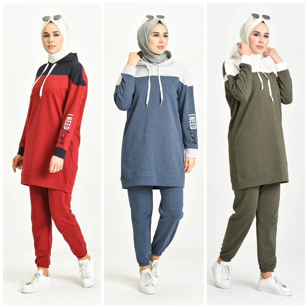 Chándal informal de algodón para mujer, ropa deportiva con capucha, Moda musulmana, manga larga, para trotar, dos piezas