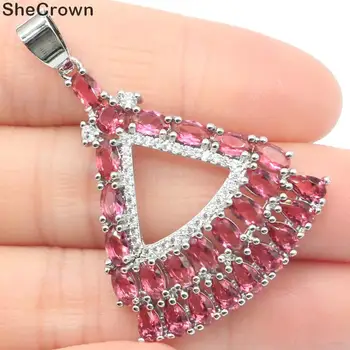 

44x31mm Stunning Trangle Drop Created Pink Raspberry Rhodolite Garnet CZ Gift For Ladies Silver Pendant