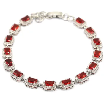 

12x7mm Fancy Created Red Blood Ruby White CZ Woman's Engagement Silver Bracelet 7.5-8.5inch