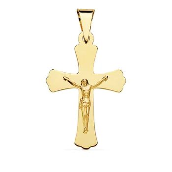 

Pendant crucifix 18k gold cross smooth peaks 34mm. Center Christ flat stick