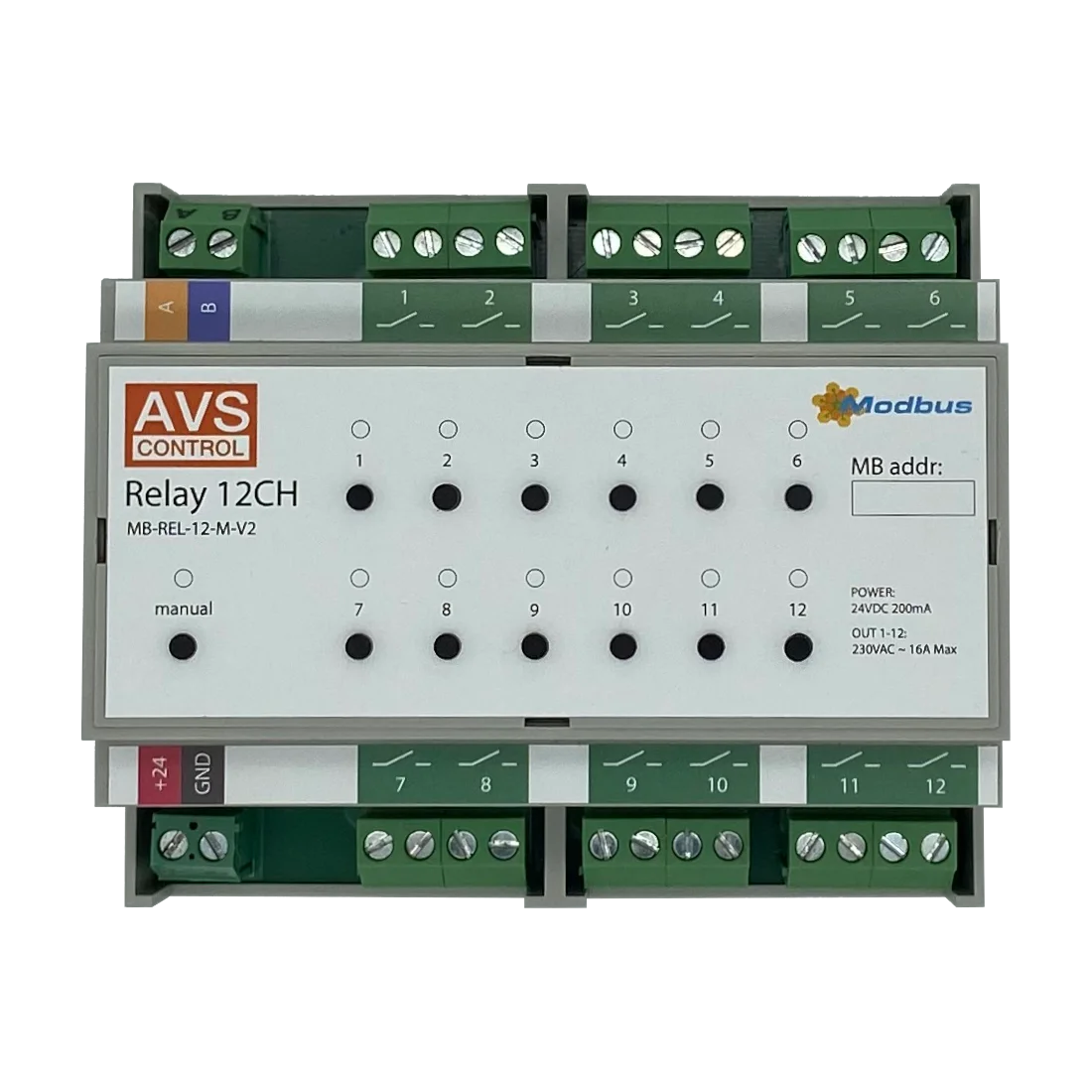 Modbus реле. 12 каналов. 24В. Управление светом шторами жалюзи сценарии. MB-REL-12-MONO |