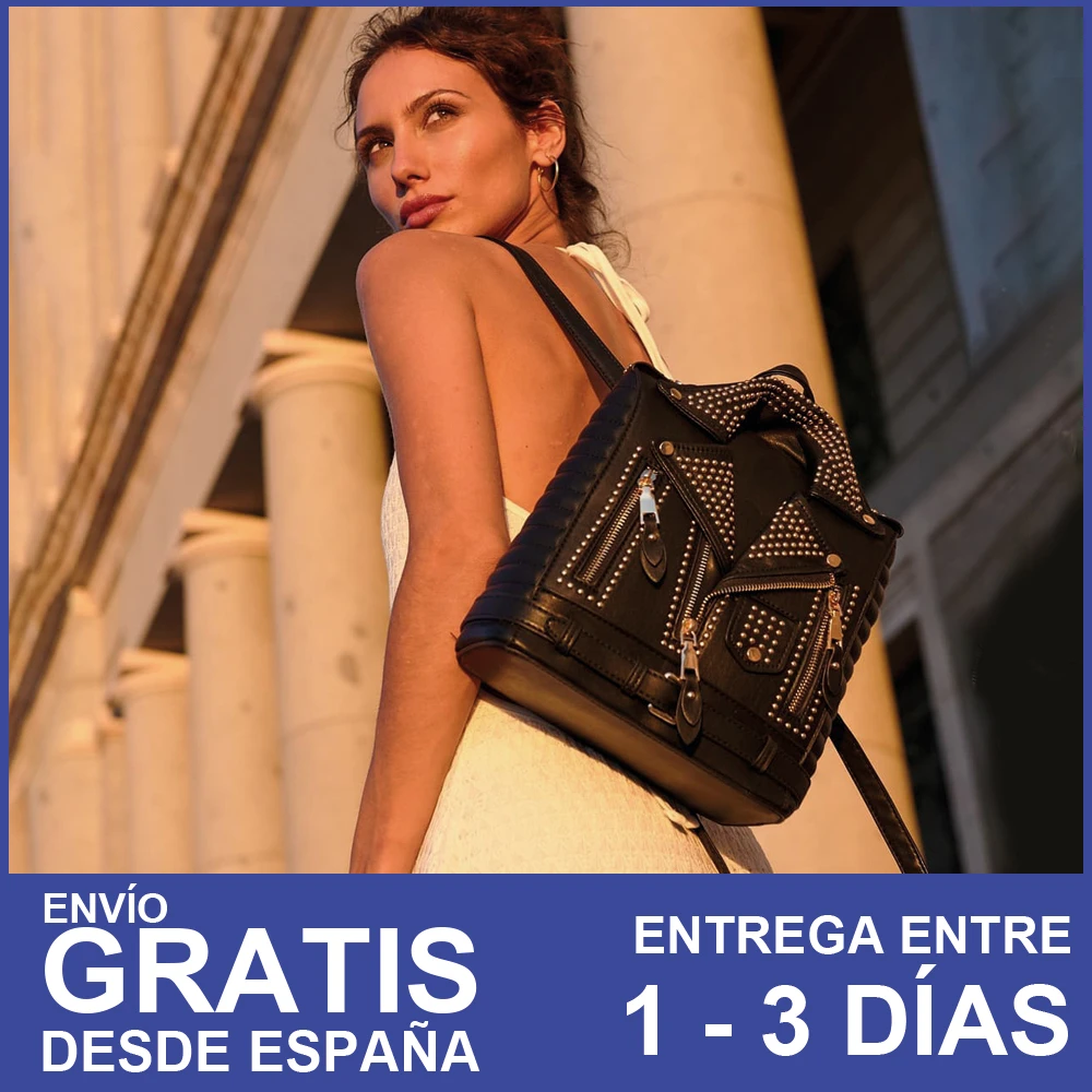 Mochila de chaqueta convertible mochila escolar bolso de hombro con mini tachas doradas y cinturón cierre con cremallera pequeño PU liso diseño de marca famosa giovanne milano T10691|Mochilas| -