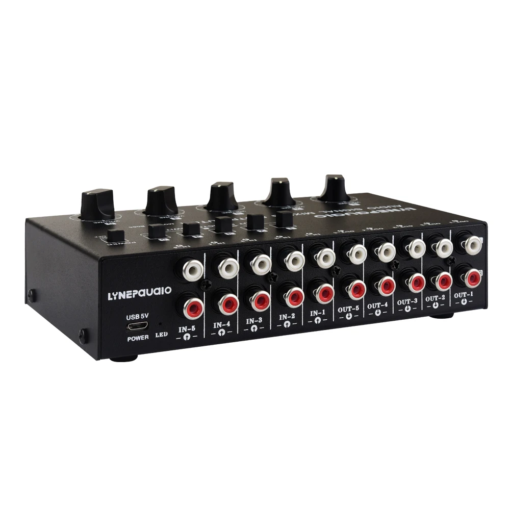 5-in 5-out audio signal selection mixing splitter  output independent volume adjustment RCA interface 5