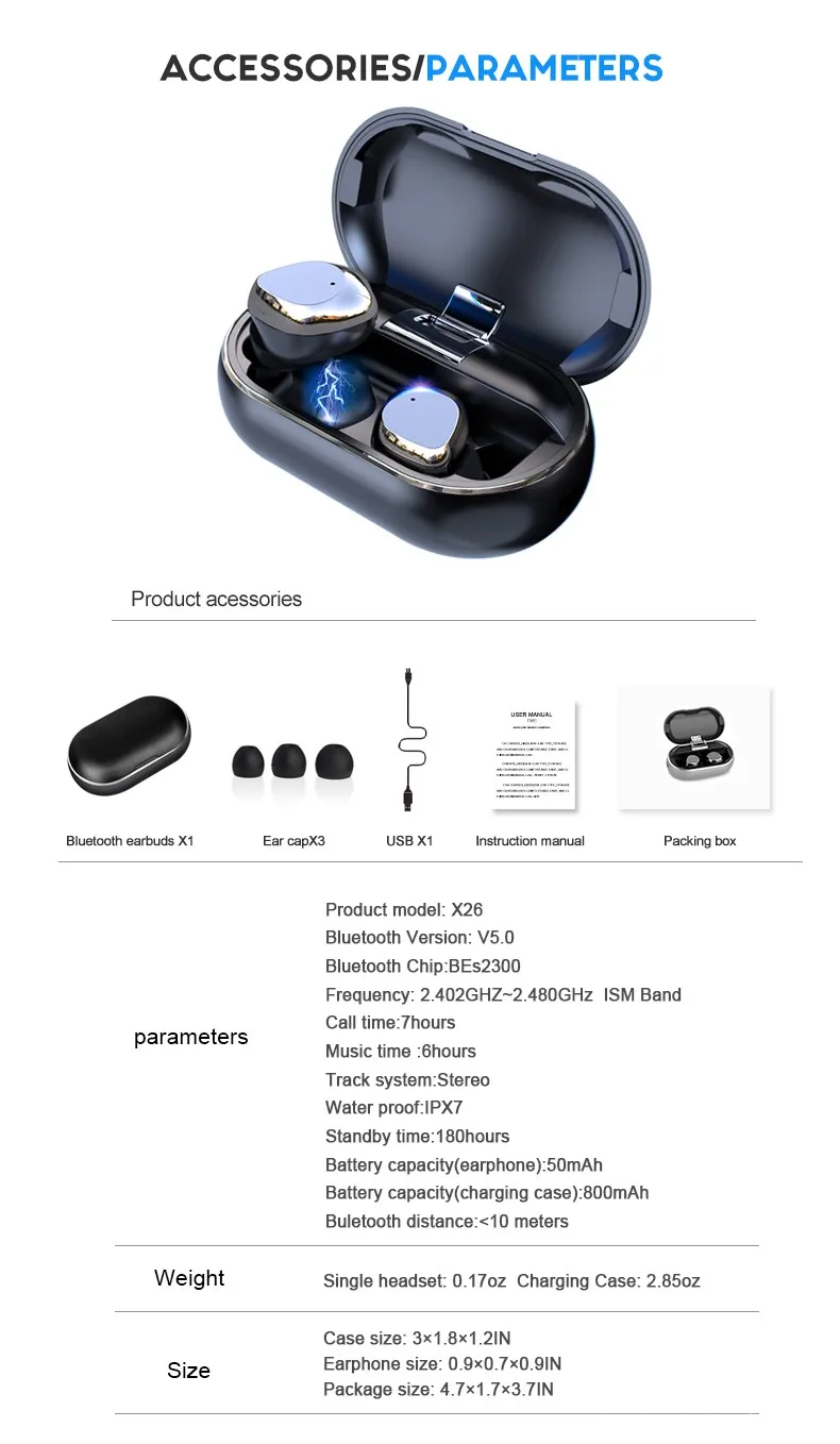 50 шт. X26 наушники-вкладыши TWS Bluetooth 5,0 True Беспроводной наушники Смарт Водонепроницаемый стерео Hi-Fi наушники с зарядный чехол