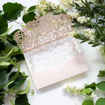 

50pcs Pack Peach Wedding Invitation with template Laser cut floral invitation with printable Rose Gold Foiled insert DIY kit