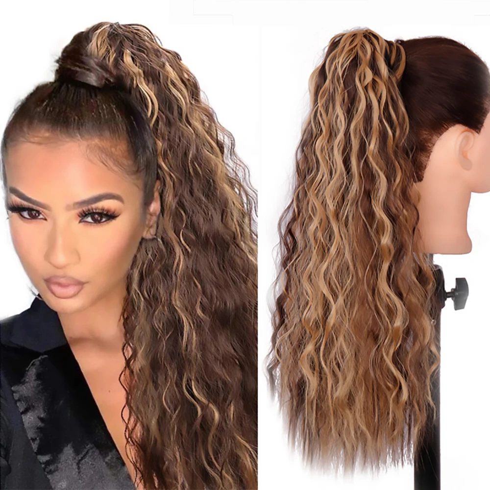 WERD-extensiones de cabello sintético con Clip para mujer, coleta larga rizada, pelo rubio, Marrón degradado