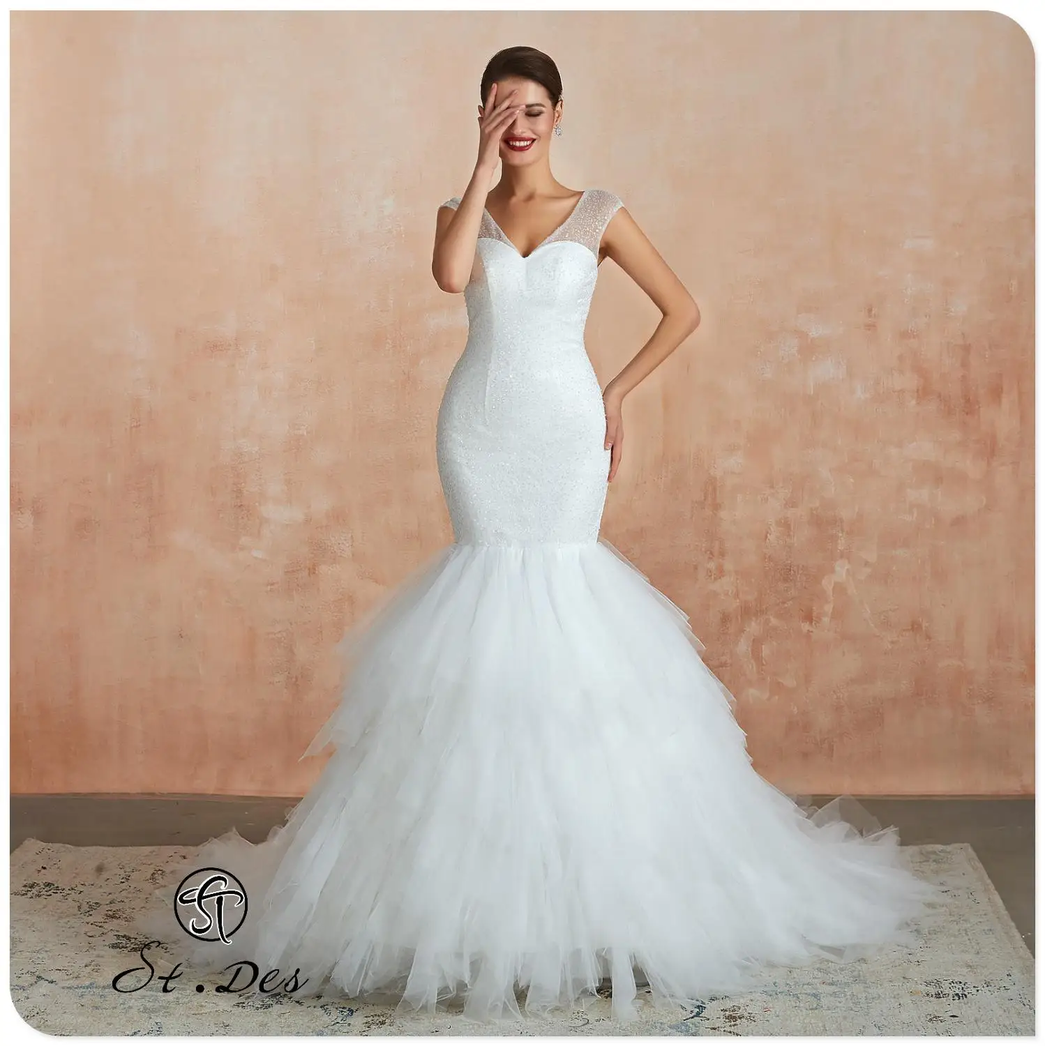 

NEW 2020 St.Des Ivory Russian Mermaid V-neck Sweetheart Sleeveless Layers Sequin Floorlength Designer Elegant Wedding Dress