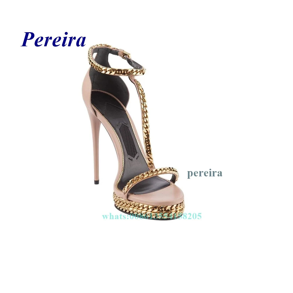 Black Metal Decor Chain Sandals 2022 Open Toe Platform Chain Sandals Thin Heel Leather Cover Heel Buckle Strap Women Shoes Sexy