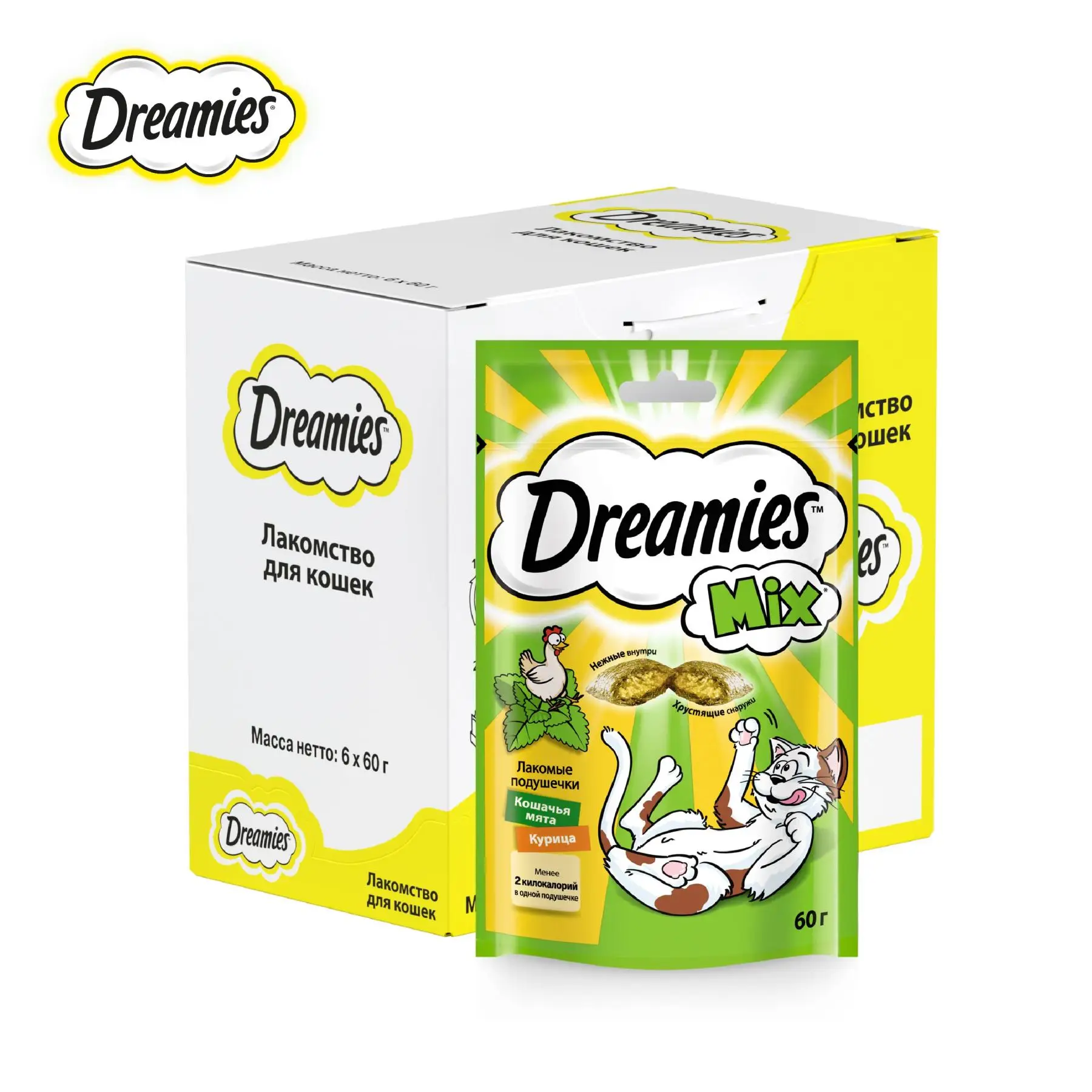 Лакомство для кошек Dreamies подушечки с мятой+курицей, 6 шт по 60г