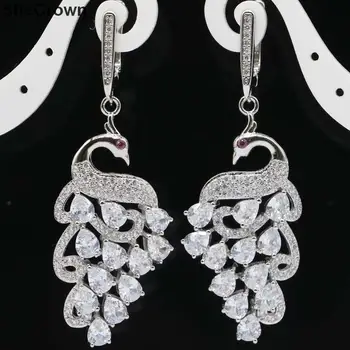 

62x21mm Pretty Peacock Shape Created White Sapphire Tourmaline CZ Gift For Sister Silver Eart Stud Earrings