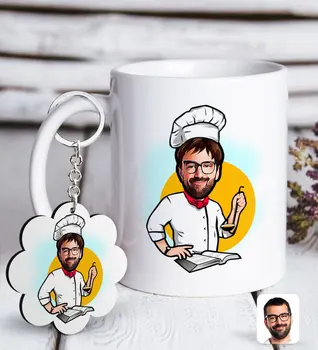 

Personalized Men 'S Chef Caricature Of White mug And Keychain Gift Seti-12