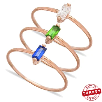 

SPENTA Pure 925 Sterling Silver Ring Minimalist for Baguette Clear, Blue And Green Zircon Ring Handmade in Turkey