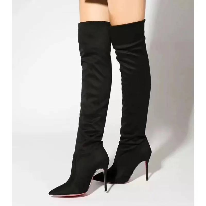 Big Size 34-45 High Heels 12cm 10cm Stilettos Elegant Fabric Women Winter Over Knee Boots