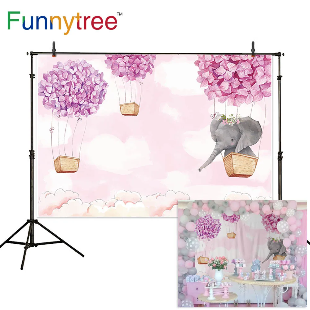 Фон Funnytree для фотосъемки на день рождения с изображением розовой девочки слона