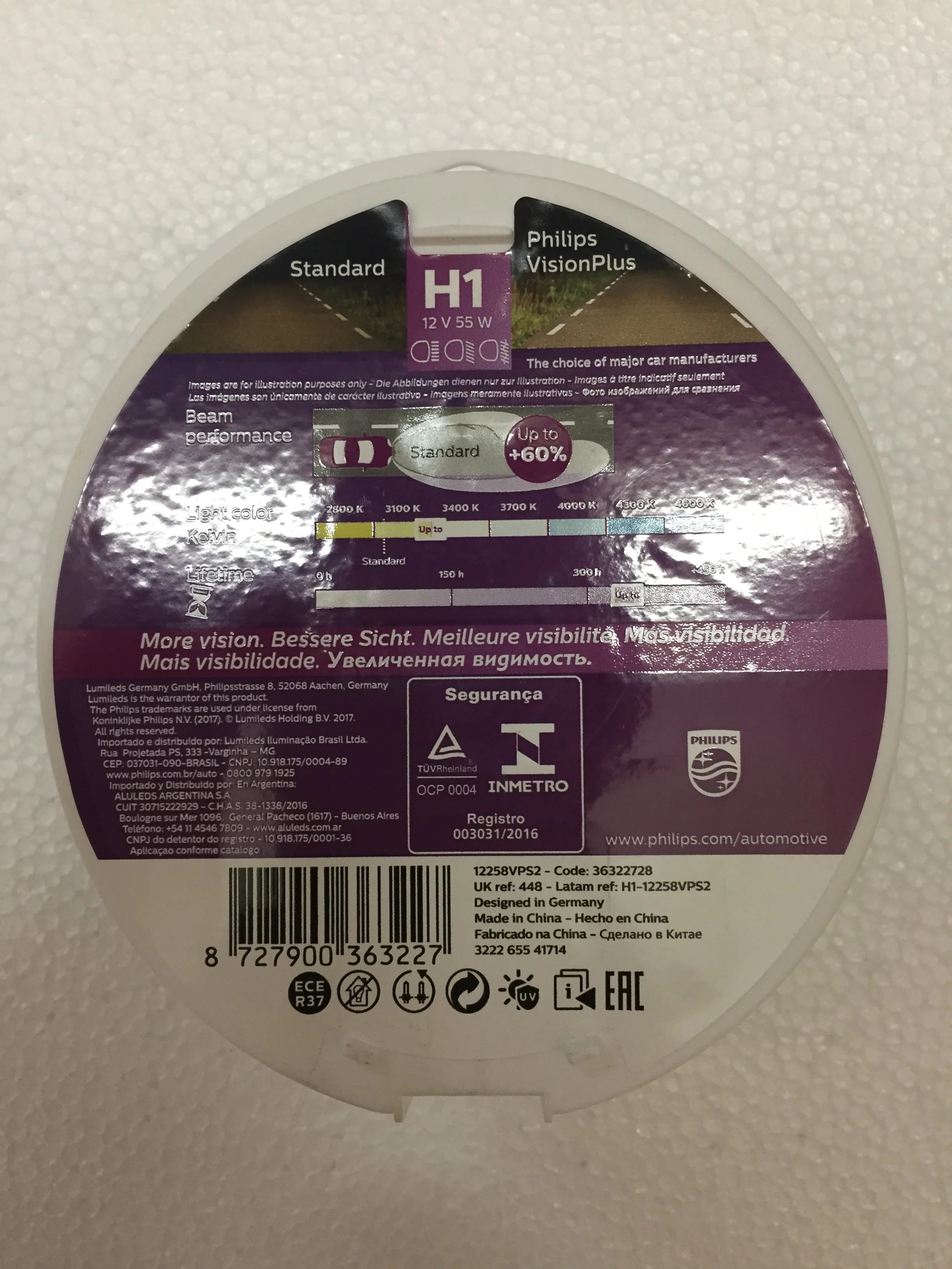 2 шт Philips галогенная лампа H1 12v 55w+ 60% Vision Plus 12258VPS2 для фар