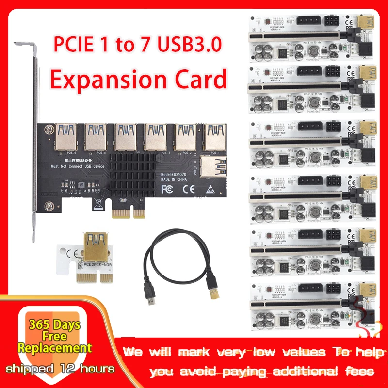 PCIE 1 to 7 USB3.0 Expansion Card Slot 6PCS PCI-E Riser VER010-X Multiplier Hub Adapter For Bitcoin Mining Miner Rig |