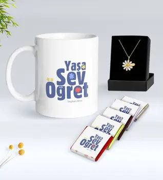 

Personalized Age Love Teach White Mug Chocolate and Is Daisy Necklace Gift Seti-2