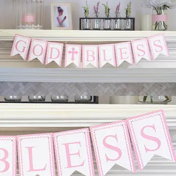 

Pink God Bless Banner First Holy Communion Banner Girl's Baptismal Party Supplies
