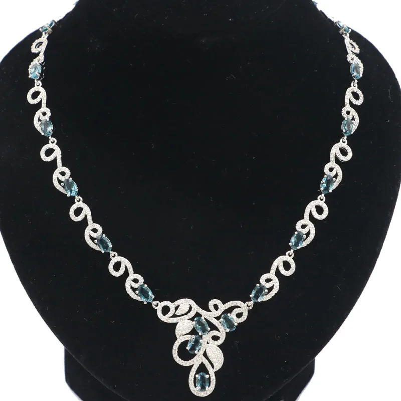 31x31 мм роскошное созданное Лондонский голубой топаз белое CZ Свадебное женское серебряное ожерелье 18,5-19,5 дюймов