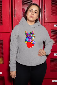 

Angemiel Wear Colorful Heart Wrapped Cat Gray Women Hooded Sweatshirt