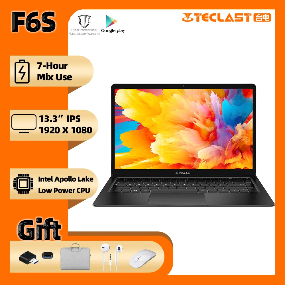 Nuevo Teclast F6S portátil de 13,3 Wins10 portátil 1920x1080 IPS Intel Apollo Lake 8GB LPDDR4 128GB SSD portátil de 1,28 KG Mini-HDMI