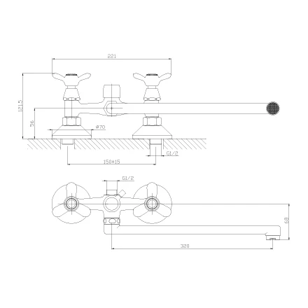Смеситель для ванны ROSSINKA Q02-80 (Аэратор с функцией легкой очистки, Керамические вентильные головки, гибкая подводка 30 см - 2шт, присоединительная группа для горизонтального крепления)