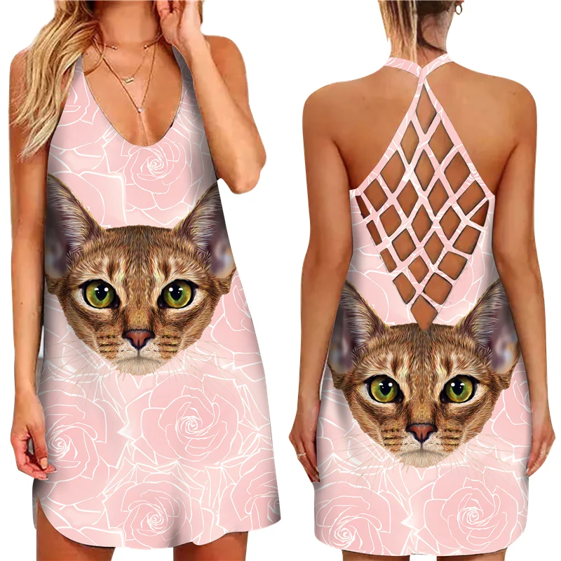 Aberta para trás Suspender Oco sem Mangas Verão Digital Gato Impresso Vestido Feminino Sexy Criss-cruz Meninas Casual Solto 3d 29 Computers & Electronics