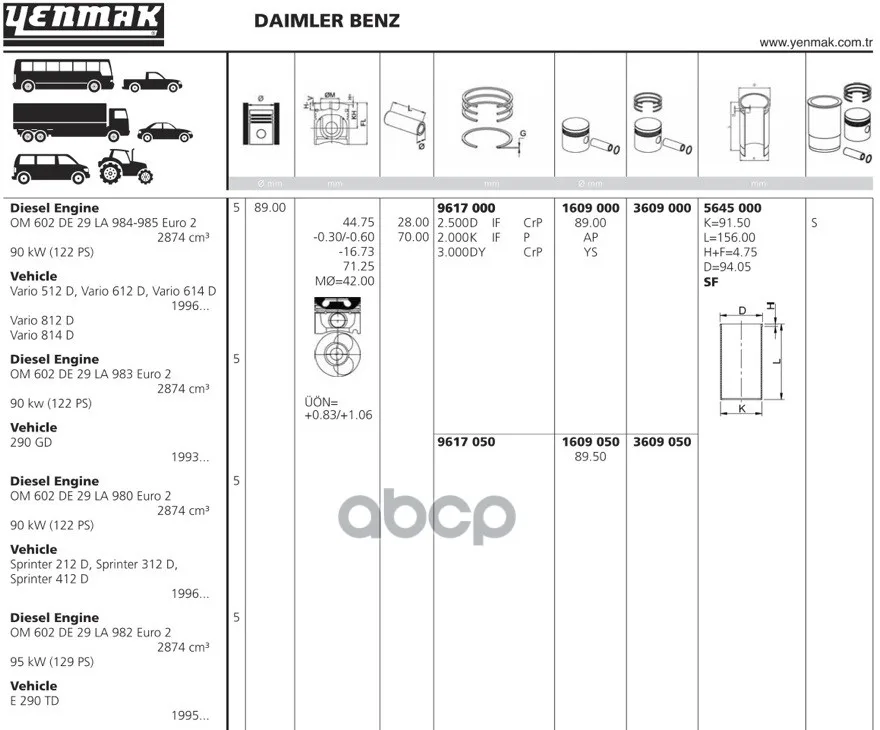 Поршень Двс Без Колец Mb W210/Sprinter 2.9d Om602 =89 2.5x2x3 0.5 93 YENMAK арт. 1609.050