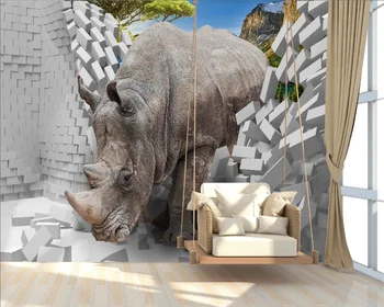 

3D photo wallpaper. Rhino through a wall. Any size. Fast shipping to Russia.