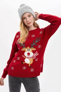 

DeFacto Woman Winter Christmas Deer Pullover Women Casual Red Knitted Pullover Women Snowflake Sweatshirts-L5738AZ19WN