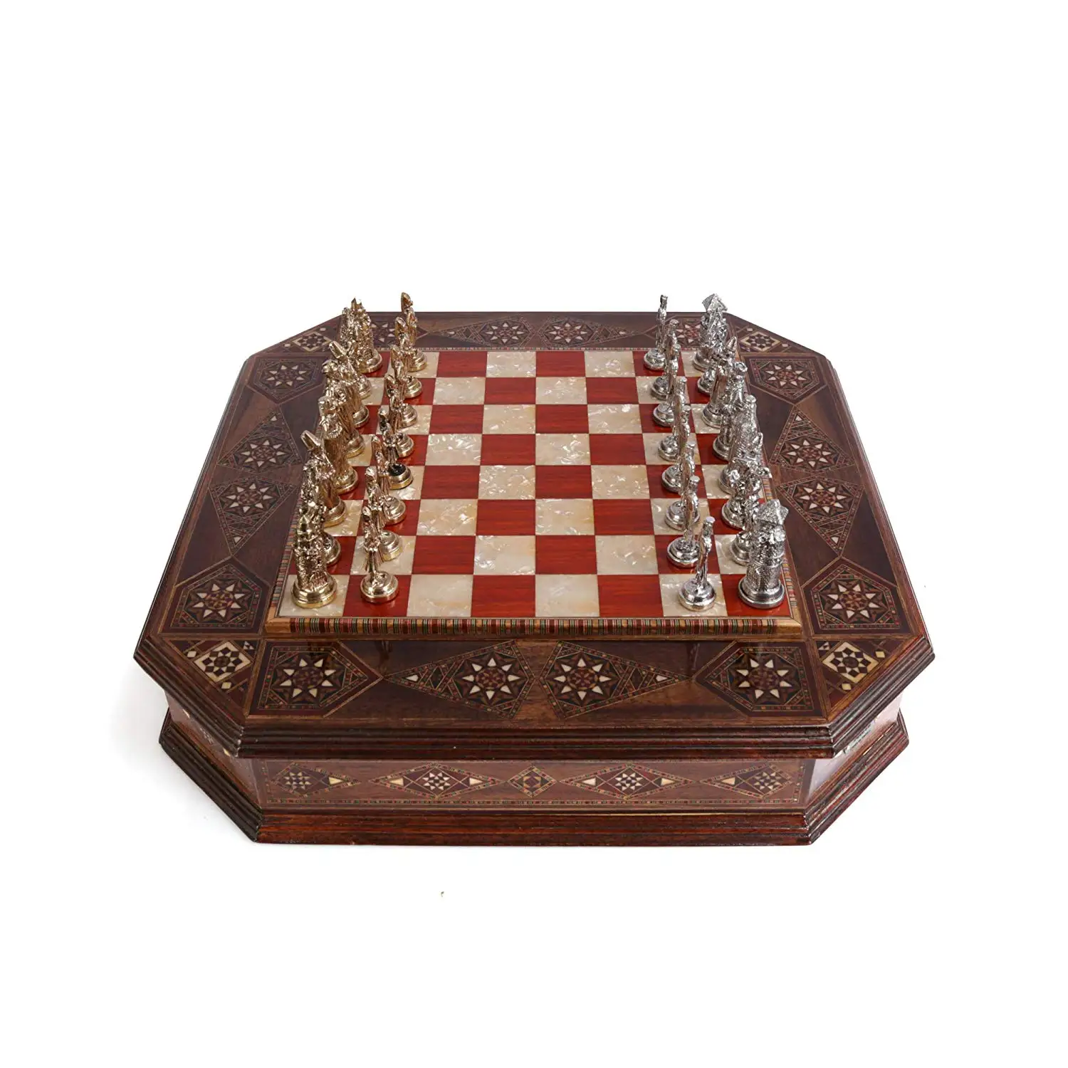 US $514.90 Metal Chess Set Ottoman vs Byzantine Figures Handmade Pieces Natural Solid Wooden Chess Board Storage Inside King 7 cm