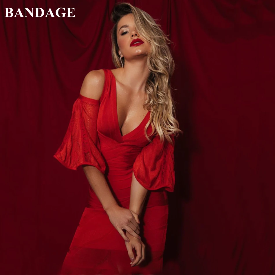 

BANDAGE Newest Off the Shoulder Red Black Mesh Long Bandage Dress Women Autumn Flare Sleeve Maxi Evening Party Vestidos