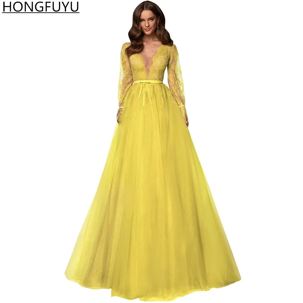 sage green prom dress HONGFUYU Sheer Deep V Neck Tulle A-line Prom Dresses 2022 Long Sleeves Lace Formal Evening Gowns for Women Party Lace Up Corset long prom dresses Prom Dresses